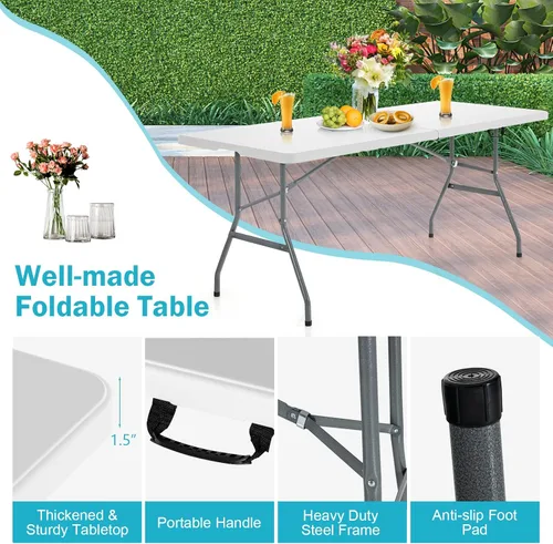 Miniatura 5 de GYMAX Mesas plegables de 6 pies, mesa de campamento portátil ligera con asa de transporte, fácil de plegar para interiores y exteriores, mesa