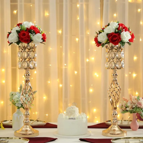 Miniatura 3 de Jarrones de cristal para centros de mesa de boda, juego de 2 jarrones dorados de metal, versátiles soportes para flores de 24 pulgadas de alto