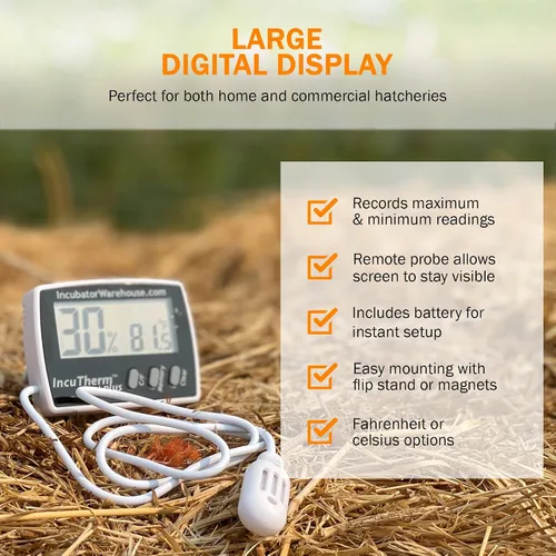 Miniatura 3 de IncuTherm™ Plus Termómetro digital e higrómetro para incubadora de huevos - Pantalla digital grande con memoria mínima/máxima - Sonda remota - Lee