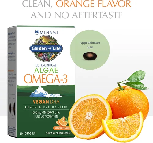 Miniatura 3 de Garden of Life Minami Algae Omega 3 DHA vegano para la salud cerebral y ocular - Sabor naranja, 500 mg de aceite de algas vegano DHA Omega-3 a base