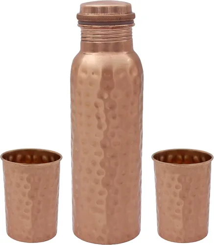 Kamas Home Collection Botella de agua de cobre 100% puro hecha a mano | Recipiente de agua de cobre extra grande de 34 onzas de 1 litera – Botella