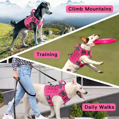 Miniatura 6 de WINGOIN Arnés táctico para perros extragrandes, arnés resistente sin tirones con asa, ajustable, reflectante, militar, K9, chaleco para perros Rosa