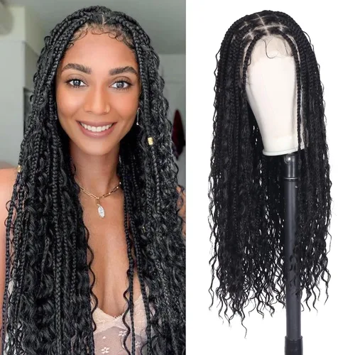 Alebery Pelucas Trenzadas de Caja Bohemias Sin Nudos de Encaje Frontal HD 13X8 para Mujeres Negras Pelucas de Trenzas de Caja Bohemias con Rizos con