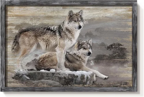 Miniatura 11 de Arte de Pared Enmarcado de Lobo: Pintura Moderna de Animales Salvajes de Madera Rústica Natural Imagen de Vida Silvestre Obra de Arte de Lobo Gris