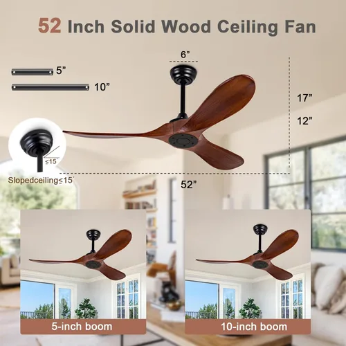 Miniatura 2 de Ventilador de techo de 52 pulgadas sin luz, con control remoto, motor CC reversible, con 3 aspas de madera maciza, para patio, sala de estar, Nogal