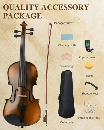 Miniatura 5 de Ktaxon Violín 4/4 para niños y adultos, violín de madera maciza de tamaño completo, violín acústico con estuche portátil y accesorios - Madera