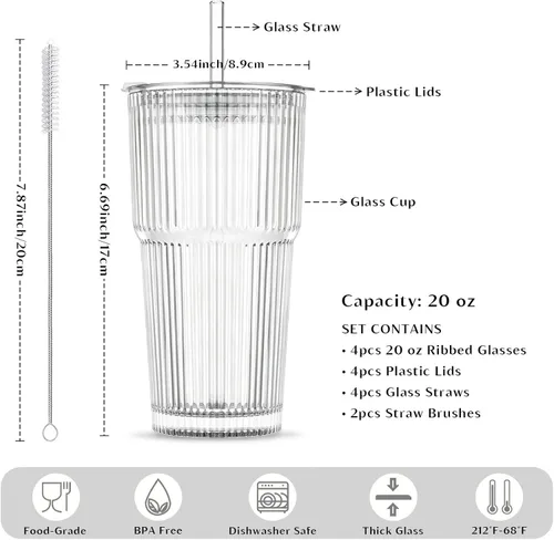 Miniatura 2 de INSETLAN Vasos de vidrio acanalado de 20 onzas con tapas y popotes de vidrio, juego de 4 piezas de cristalería, pared gruesa, ideal para café