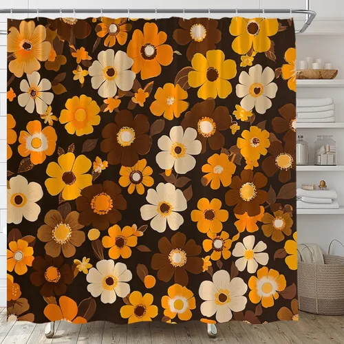 Retro Flower Shower Curtain Orange and Brown Floral Groovy Vintage Funky Aesthetic Boho Rustic Daisy Fabric Bathroom Decor Bath Curtain with Hooks