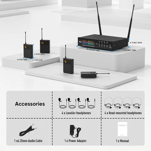 Miniatura 9 de Sistema de micrófono inalámbrico de solapa con auriculares y micrófonos Lavalier, juego de micrófonos UHF Pro de 4 canales con transmisor de paquete