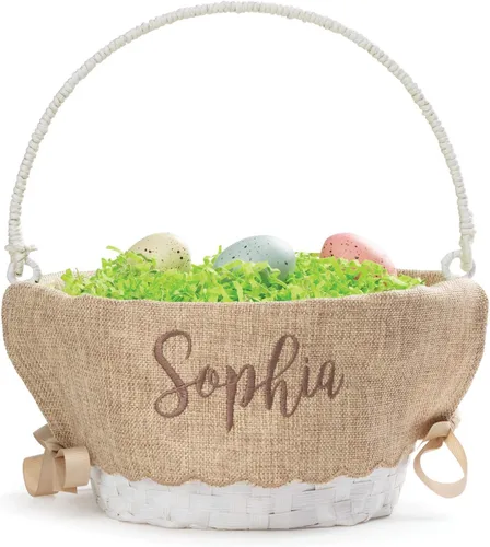 Cesta de huevo de Pascua personalizada con asa y nombre personalizado en escritura marrón | Forros de cesta de Pascua de arpillera con borde