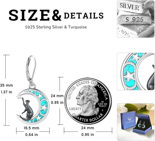 Miniatura 192 de Aretes colgantes de plata de ley con diseño de árbol de la vida, flor, abeja, animales, gato, colibrí, piedra lunar, turquesa, aretes con cierre
