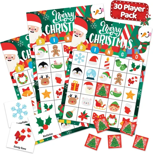 Joyousa Juego de bingo de Navidad para niños, grupos grandes, 30 jugadores, juegos de Navidad para fiestas familiares, bingo de Navidad reutilizable