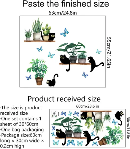 Miniatura 5 de Calcomanías de pared de gatito negro con diseño de plantas verdes en maceta, diseño de animales de dibujos animados de sacinora para bricolaje