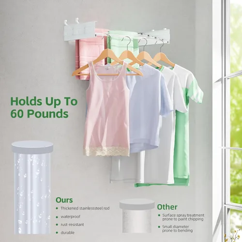 Miniatura 4 de Estante de secado plegable para montar en la pared, ahorro de espacio, de acero inoxidable de 23.5 pulgadas, con varillas reforzadas resistentes