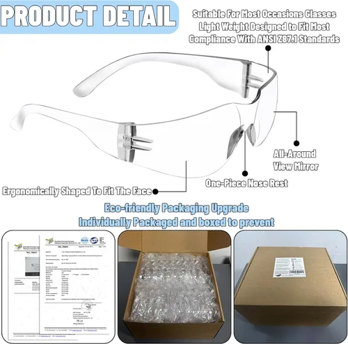 Miniatura 4 de 50 lentes de seguridad unisex a granel de 8 colores transparentes con ANSI Z87.1, resistentes a impactos y arañazos, lentes de sol de seguridad