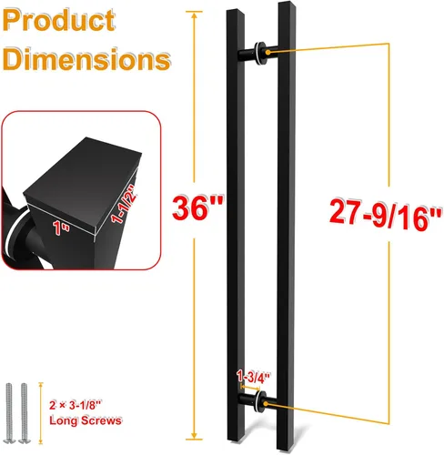 Miniatura 2 de Manijas Cuadradas de Puerta de Granero Negro Mate de 12"/24"/36"/48"/59", Manija Larga de Puerta Francesa de Empujar y Tirar de Doble Cara, Manijas