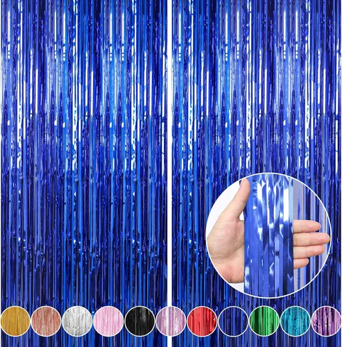Crosize Paquete de 2 cortinas de flecos de papel de aluminio azul oscuro de 3.3 x 9.9 pies, decoración de fiesta, cortina de oropel azul para
