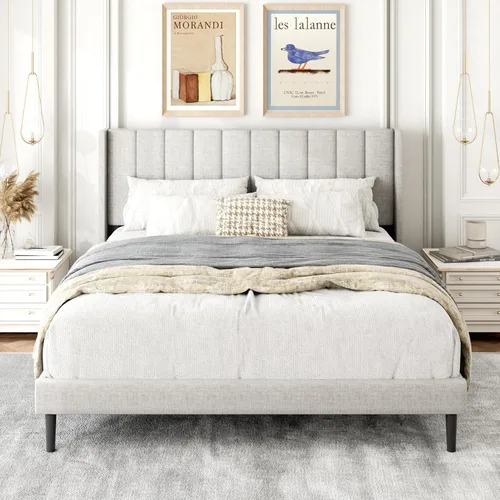 Miniatura 26 de Gruwans Estructuras de Cama Individual con Cabecera Wingback, Camas de Plataforma Tapizadas, No Necesita Somier, Soporte Resistente de Listones