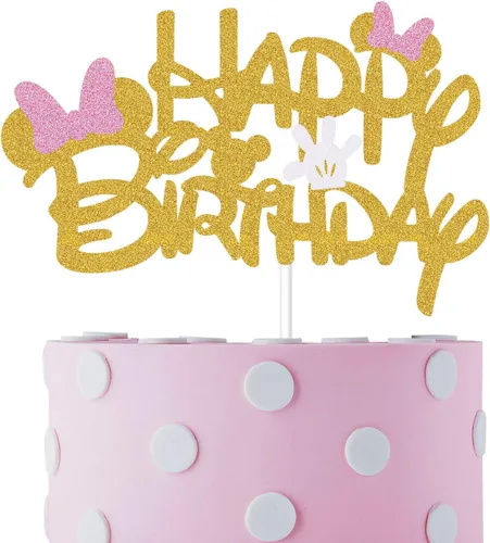 Decoración de pastel de cumpleaños inspirada en Minnie con purpurina rosa y dorada con lazos rosas y guantes blancos para fiesta de cumpleaños para
