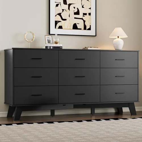Miniatura 21 de BORNOON Cómoda para dormitorio con 6 cajones, cajonera moderna de 47.2" con manijas de metal, base en forma de X y pata central ajustable