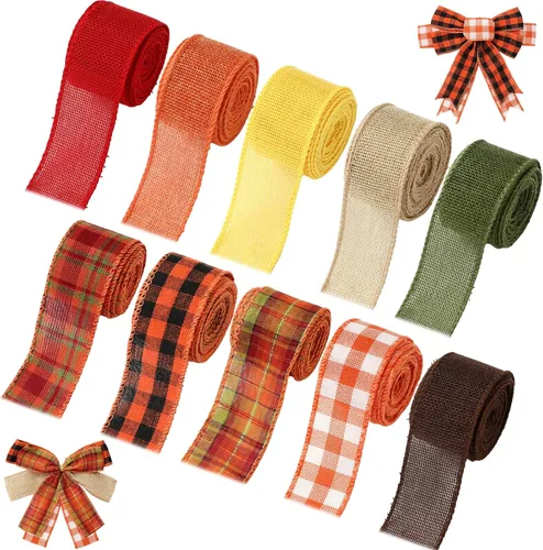 Miniatura 9 de Whaline 10 rollos de cinta de arpillera a cuadros de otoño de 50 yardas de 1 pulgada de cinta decorativa para otoño, Acción de Gracias