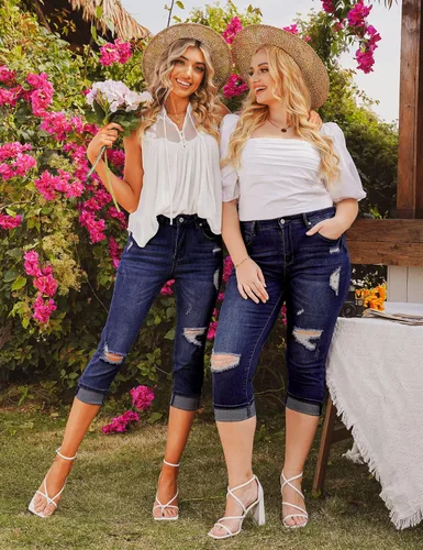 Miniatura 6 de luvamia Pantalones capri para mujer, elásticos, de cintura alta, desgastados, rasgados, ajustados, recortados