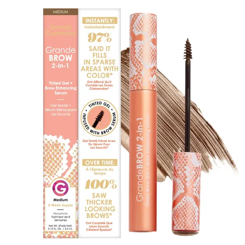 Grande Cosmetics GrandeBROW - Gel tintado para cejas 2 en 1 + suero para mejorar las cejas Medio