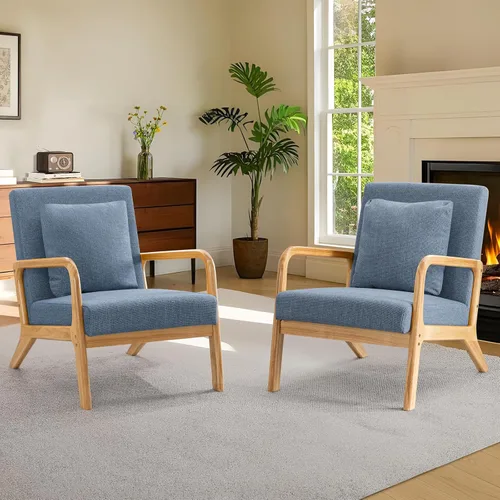 Miniatura 10 de ELUCHANG Silla decorativa moderna de mediados de siglo con almohada lumbar, sillón tapizado, tela de lino, cómoda silla auxiliar de lectura