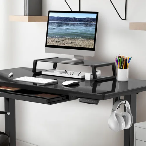 Miniatura 2 de SHW Escritorio eléctrico de cristal de pie ajustable de 48 x 24 pulgadas, escritorio motorizado con elevador de monitor, cajón extraíble, ajustes