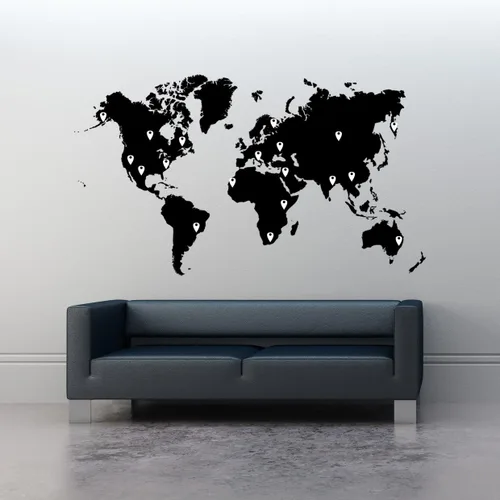 Miniatura 3 de Calcomanía de pared con mapa del mundo grande con gotas de alfileres, mapa negro con pines rojos, negros, blancos y grises, 60 x 100 pulgadas. Fácil
