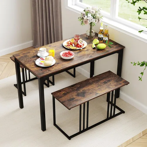 Miniatura 9 de GOFLAME Juego de mesa de comedor de 4 piezas para 4, mesa de comedor rectangular de madera con banco y 2 taburetes, juego de mesa de cocina