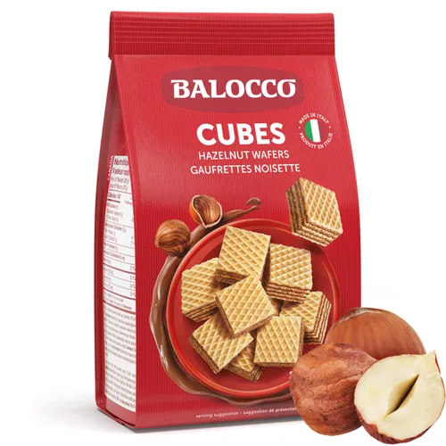 Balocco Galletas en forma de cubo de obleas de avellana 8.8 oz (250 g) | Galletas de oblea cuadradas italianas crujientes con 4 capas de crema de