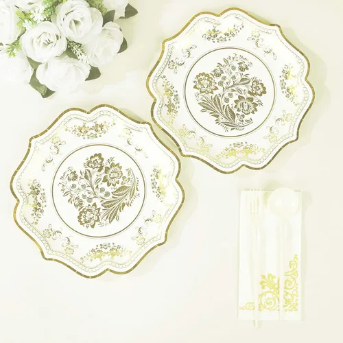 Miniatura 6 de Efavormart - Paquete de 25 platos llanos de papel francés de 10 pulgadas, color blanco y dorado, 300 GSM, resistentes con borde festoneado