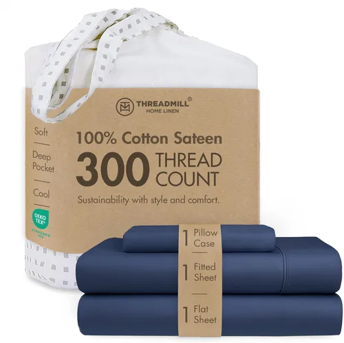 Miniatura 31 de Threadmill Sábanas 100% Algodón para Cama Tamaño King Juego de Sábanas de 4 Piezas para Cama King Suave, Transpirable y Ligero Satén de Damasco