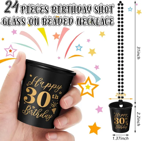 Miniatura 2 de Sureio 24 piezas de 30 cumpleaños regalos de fiesta de chupito collares tazas a granel para mujeres, hombres invitados, tazas de plástico dorado