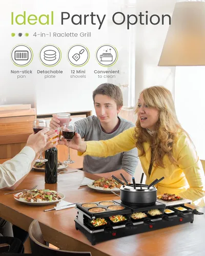 Miniatura 6 de Parrilla de Mesa Raclette - Parrilla Eléctrica Interior con Plancha - Antiadherente Extra Grande Reversible 4 en 1 para Exteriores Apta