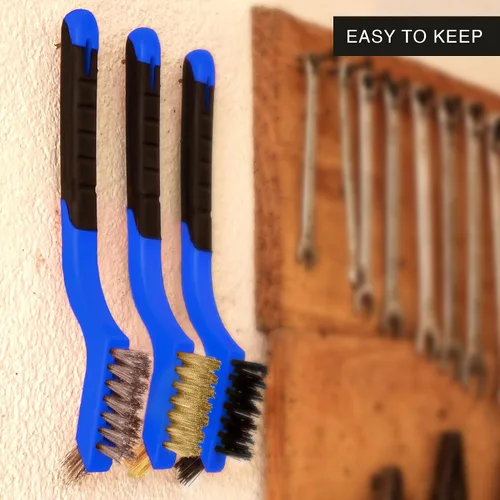 Miniatura 6 de Lavaxon Juego de 3 cepillos de alambre, cerdas de nailon/latón/acero inoxidable con mango curvado para óxido, suciedad y limpieza profunda, 7 Azul