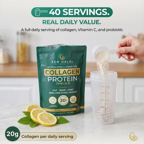 Miniatura 7 de Polvo de colágeno con vitamina C y probiótico (18g de proteína) Péptidos de colágeno halal puro de pasto para mujeres - Sin sabor e hidrolizado