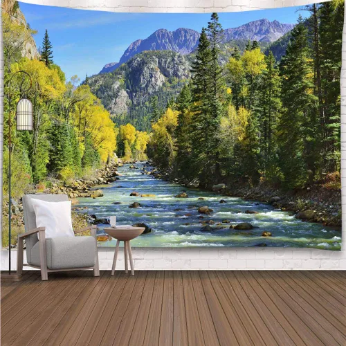Miniatura 6 de YISURE Tapiz de naturaleza con montañas y bosque, paisaje escénico de árbol de pino verde y cascada, colgante de pared para decoración