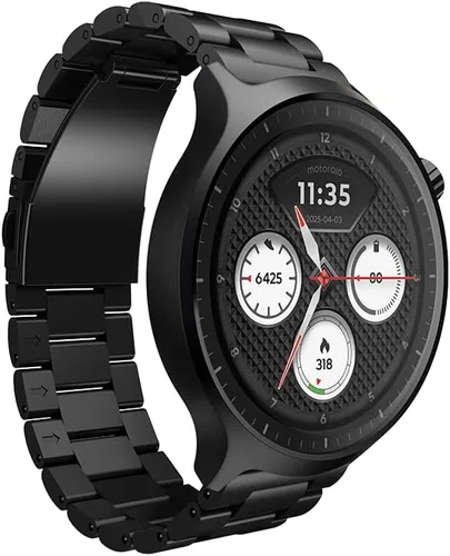 Motorola Reloj para moto, pantalla OLED de 1.4 pulgadas, Bluetooth 5.3, Moto AI, redondo, correa de acero inoxidable negra, GPS integrado,