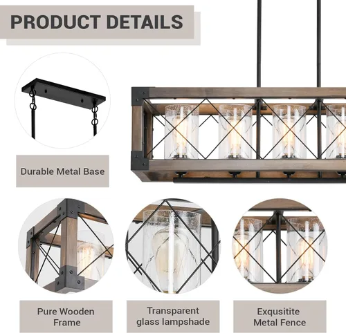 Miniatura 5 de Iluminación rústica de isla de cocina de granja, lámpara de 5 luces para comedor sobre mesa, lámpara de araña de madera rústica rectangular, lámpara