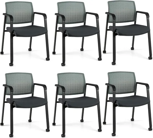 Miniatura 11 de Giantex Juego de 2 sillas de sala de espera, sillas de escritorio de oficina con ruedas de poliuretano, reposabrazos, silla apilable para oficina