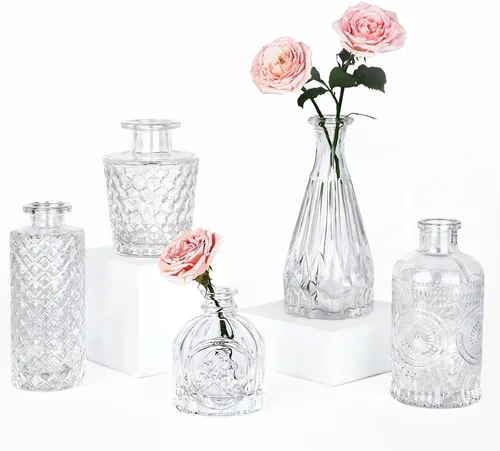 Miniatura 15 de TBWIND Juego de 12 jarrones de cristal verde, pequeños jarrones para flores, florero para centros de mesa a granel, mini jarrón vintage