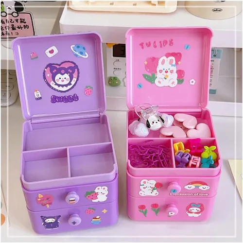 Miniatura 3 de Organizador de escritorio pequeño Kawaii con tapa y 2 cajones, lindo organizador de escritorio Kawaii con calcomanías de bricolaje para adolescentes