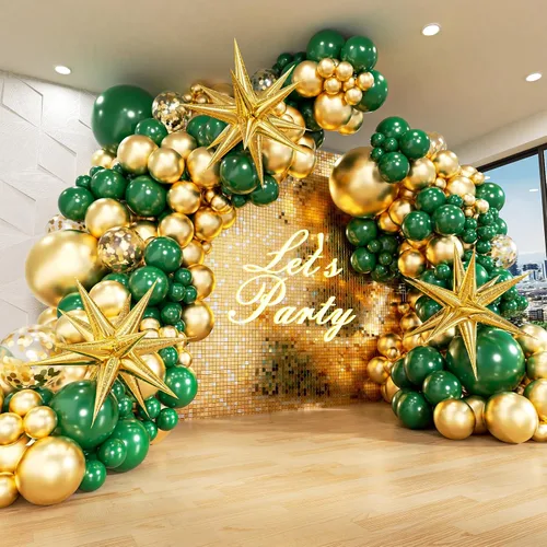 FOTIOMRG Kit de arco de globos verdes y dorados con 3 globos de estrella, globos verde oscuro verde oscuro de bosque esmeralda, globos metálicos