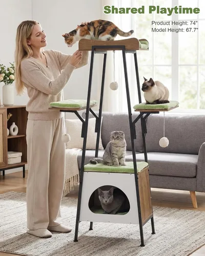 Miniatura 2 de Torre moderna de árbol para gatos de 46 pulgadas para gatos grandes, torre para gatos de varios niveles con bolas de juguete juguetonas, percha