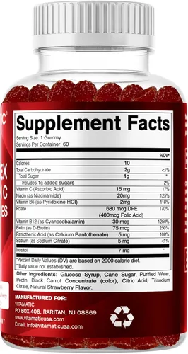 Miniatura 8 de Gomitas con complejo de vitamina B de Vitamatic con vitamina C e inositol - Sabor natural a fresa - 60 gomitas (3 botellas)