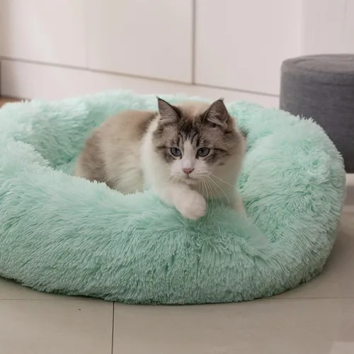 Miniatura 6 de Cama Redonda Anti-Ansiedad de Felpa Sintética Mullida Cálida y Lavable para Perros y Gatos, Cama Original para Mascotas Pequeñas, Medianas y Verde