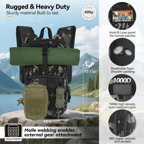 Miniatura 2 de MARCHWAY Mochila de Hidratación Táctica Molle con Vejiga de Agua de TPU de 2.5L, Mochila Militar Organizada de Perfil Bajo para Senderismo, Camo