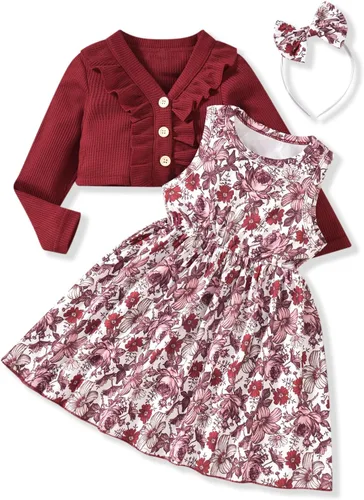 HINTINA Conjunto de 2 piezas de vestido y cárdigan para niñas pequeñas, vestido sin mangas con estampado floral y cárdigan de manga larga